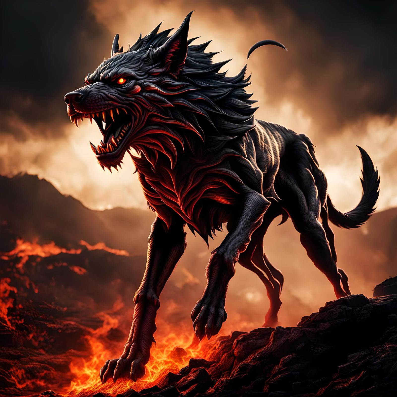 Hyperrealistic Hellhound in a Cinematic Hellscape