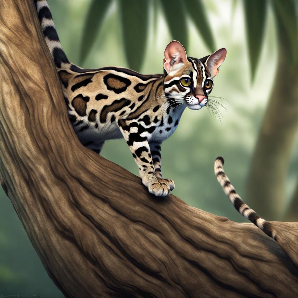 A Margay cat.  Their hind legs rotate 180 degrees, allowing them to run headfirst down trees....
