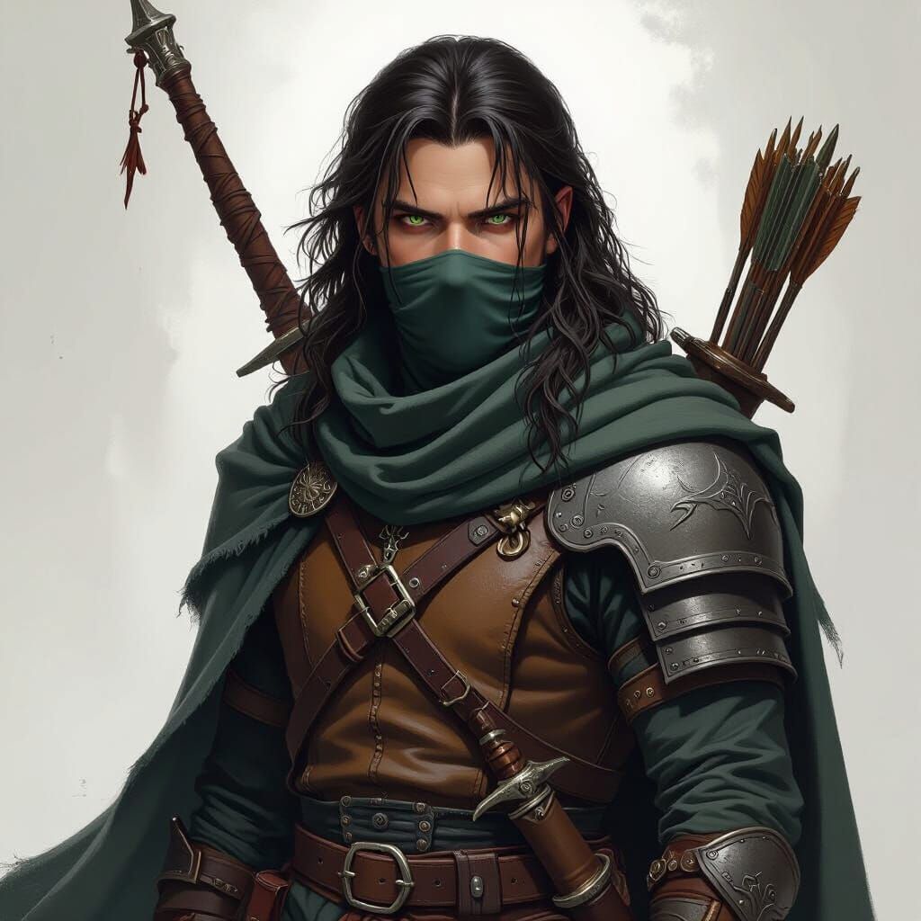 D&D Character Portrait: Brown Hair, Green Eyes, Worn Armor
