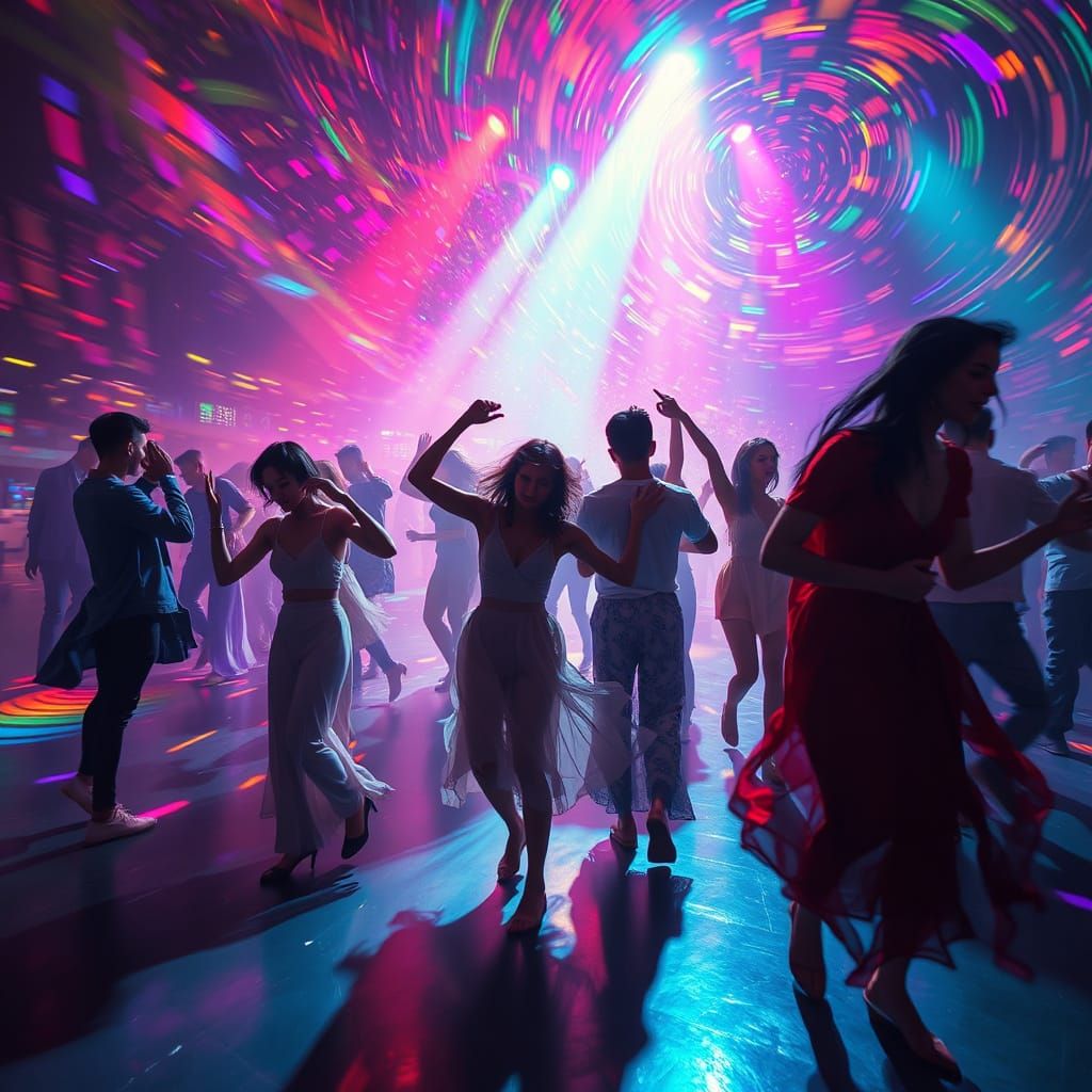 People Dancing to Hypnotic Music in Dreamlike Setting