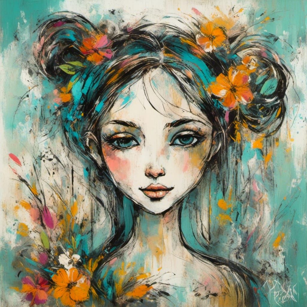 Whimsical Folk-Art Girl with Pigtails in Neo-Expressionism