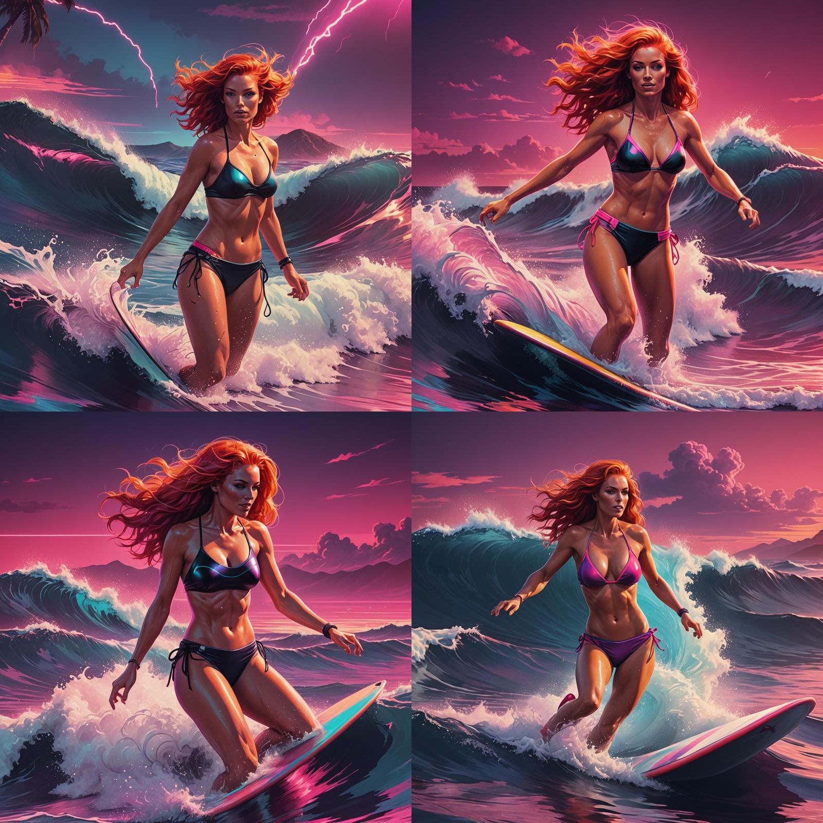 Red Haired Surfer Rides a Wave in Synthwave Style