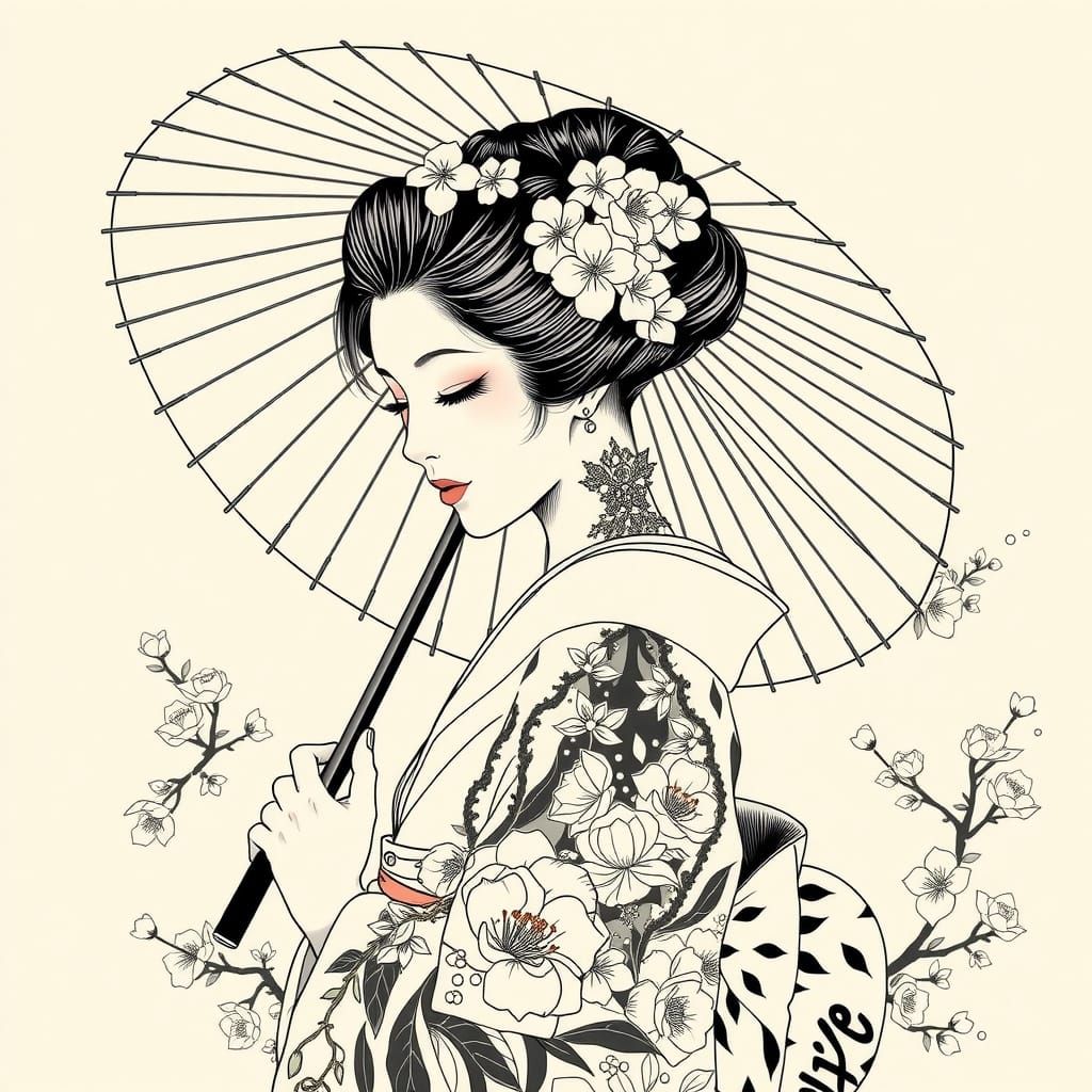 Monochrome Geisha with Wagasa Umbrella, Hokusai Style