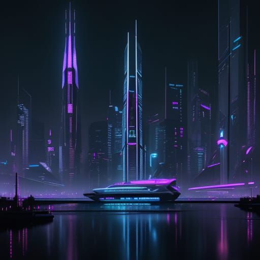 Cyberpunk Cityscape with Neon Lights and Yin-Yang Reflection