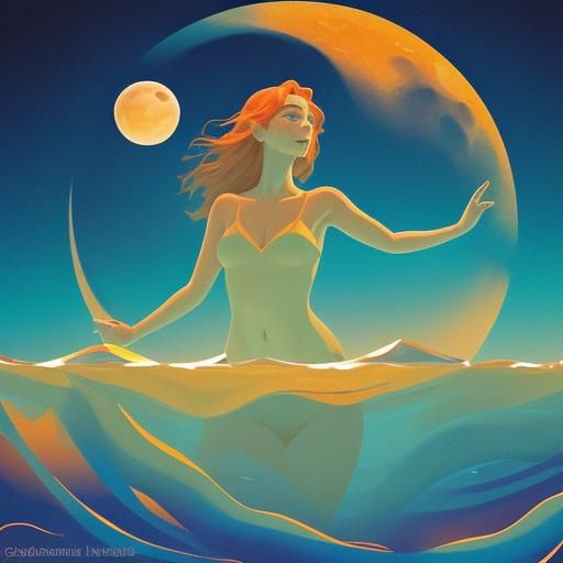 Dreamlike Woman Swimming at Moonrise with Comet