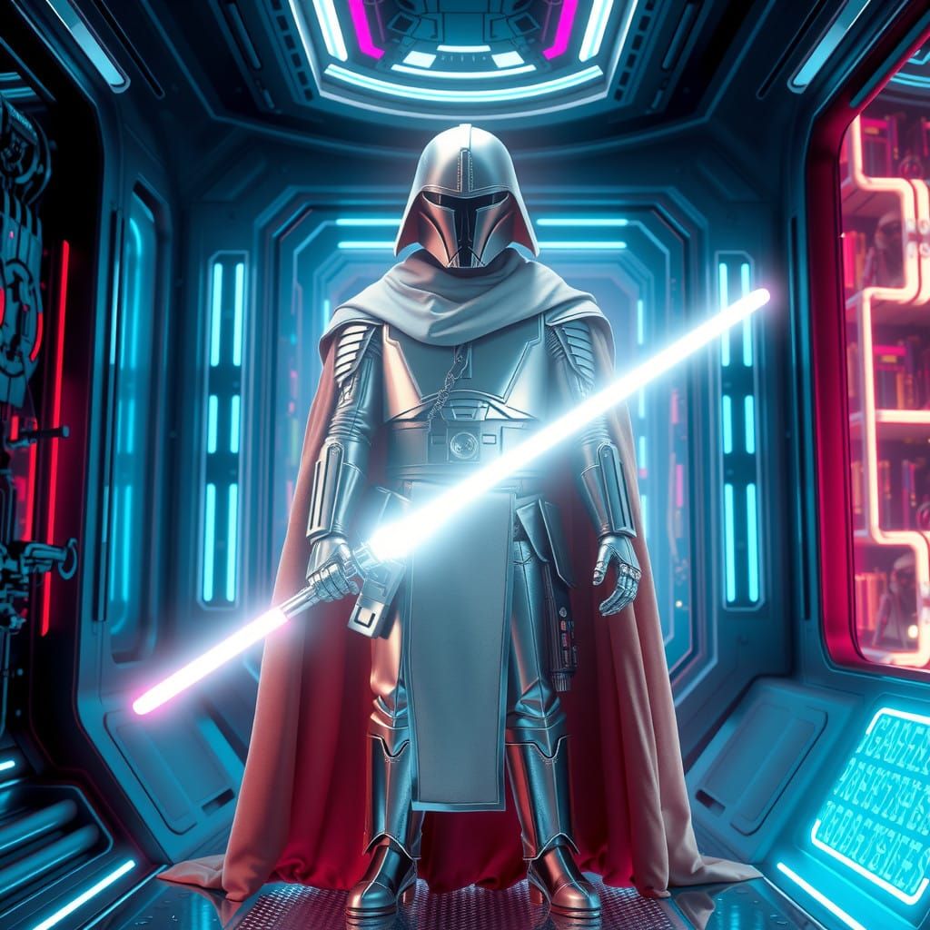 Galactic Warrior in Cyberpunk Holographic Projection