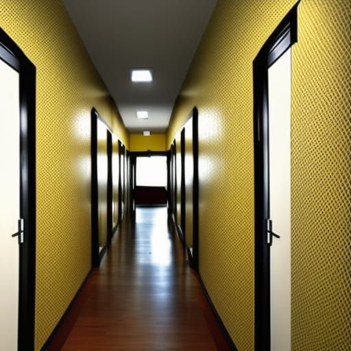 Endless Shadowy Yellow Hallway with Many Doors