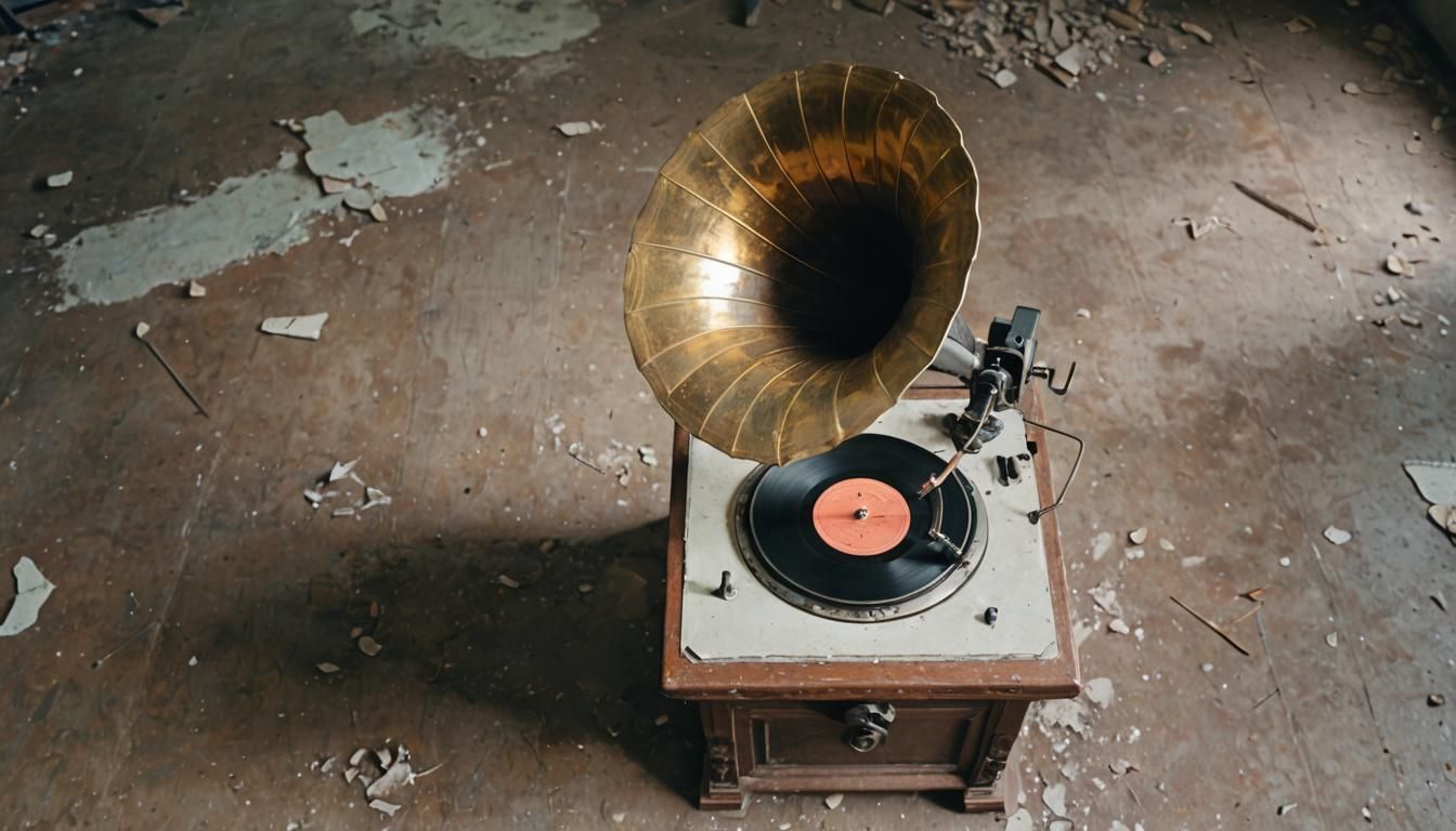 Elegant Gramophone in Abandoned Sunlit Hall