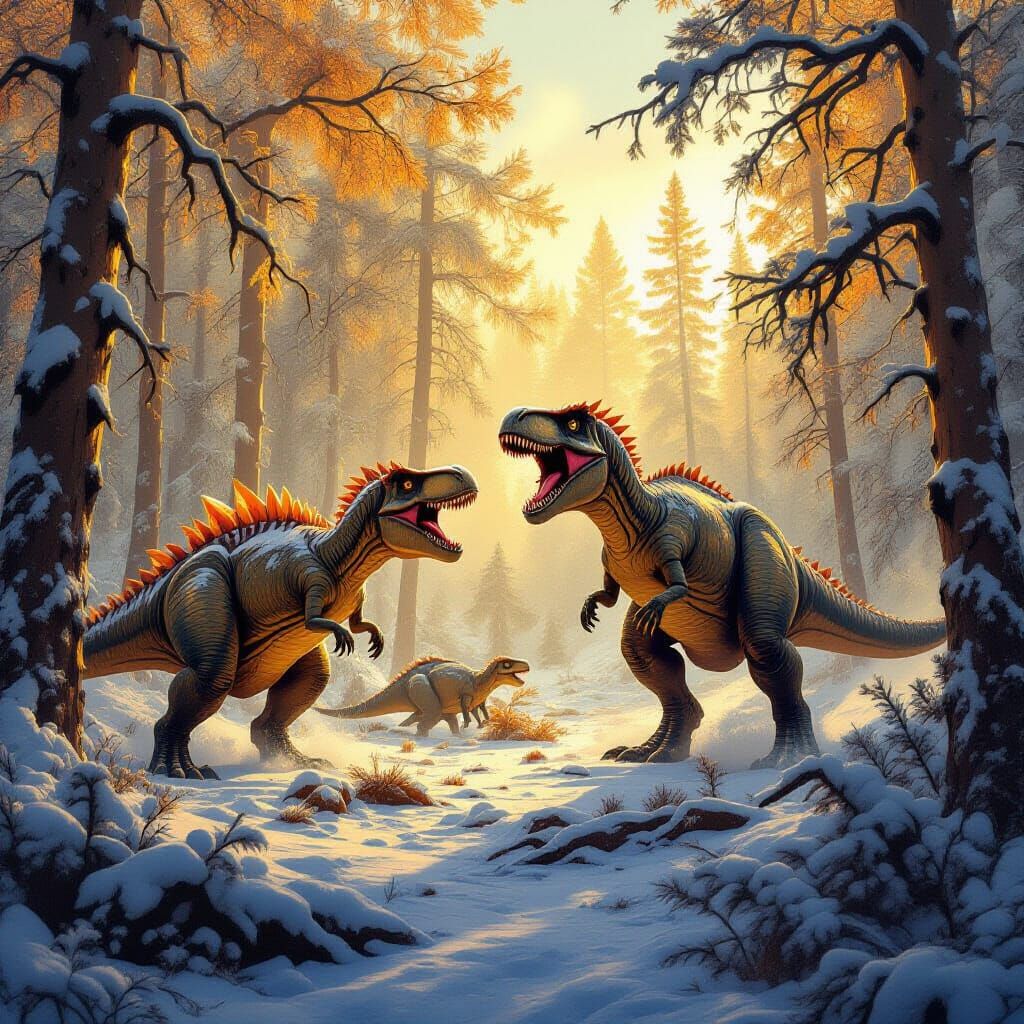 Realistic Dinosaur Battle in Amber Forest
