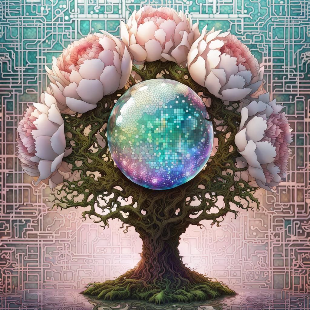 Surreal Peony Tree with Circuit Board Details