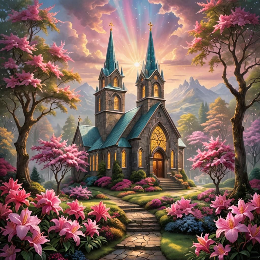 Stained Glass Azalea Flower in Church, Digital Painting