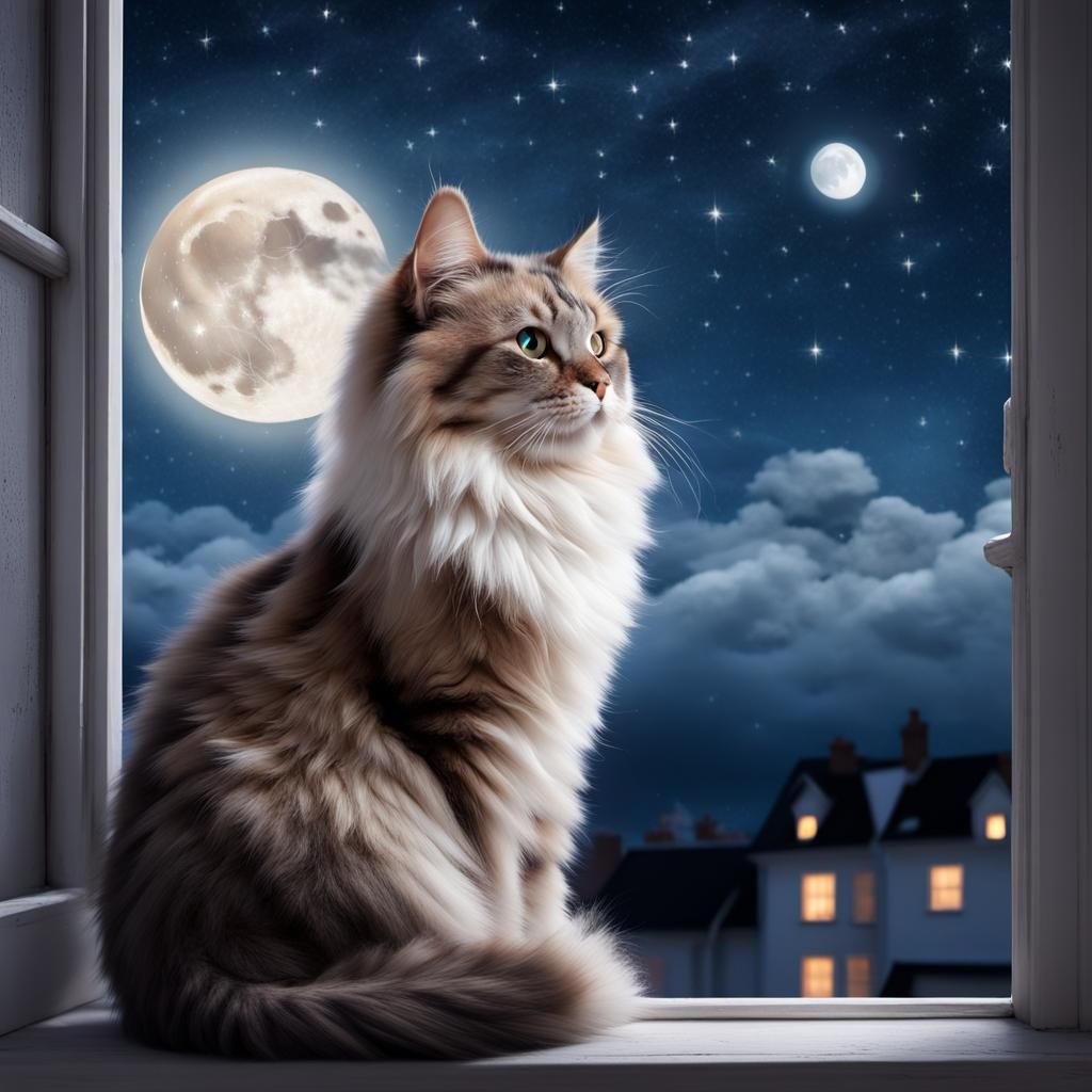 Fluffy Cat Gazing at Starry Moonlit Night