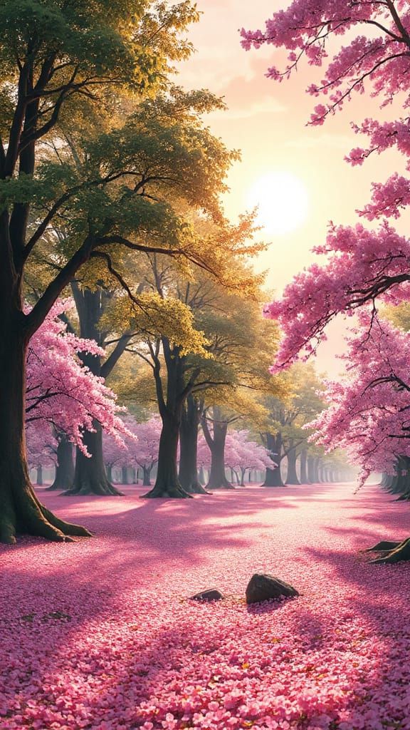 Serene Cherry Blossom Forest in Soft Morning Light