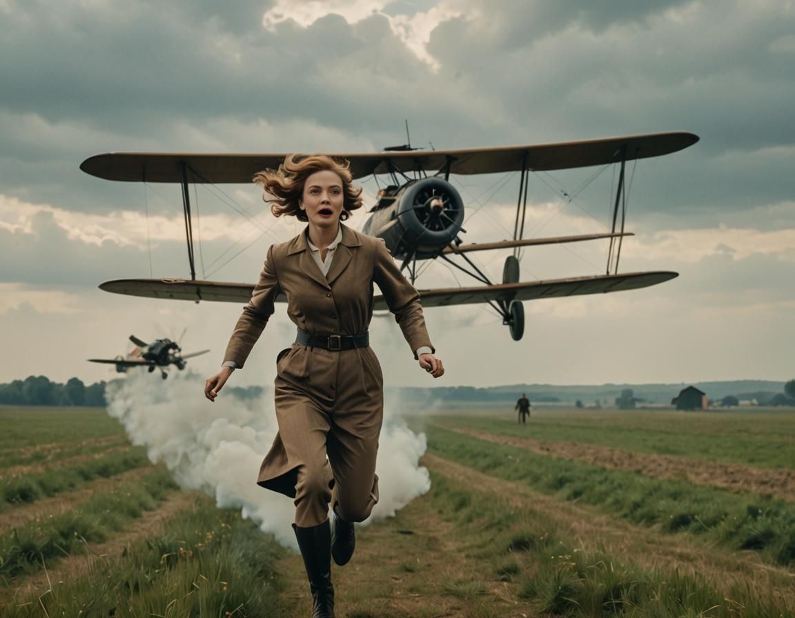 Woman Chased by Biplane in Cinematic Daylight