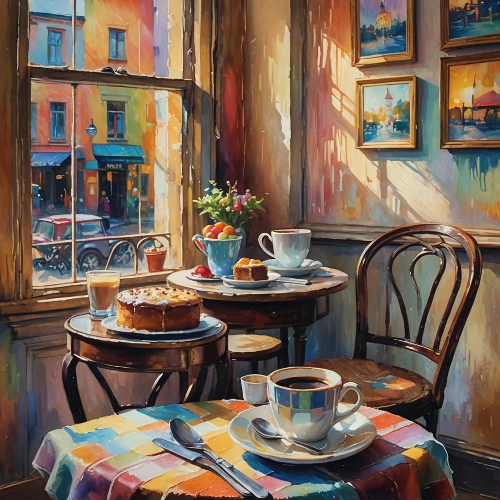 Coffee and cake on an antique chair and desk in a cafe.