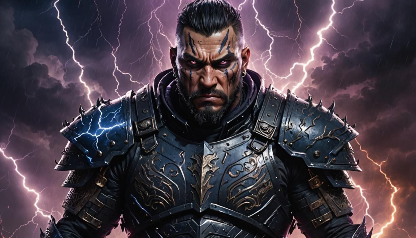 Menacing Army Leader in Lightning Storm: Hyperrealistic Port...