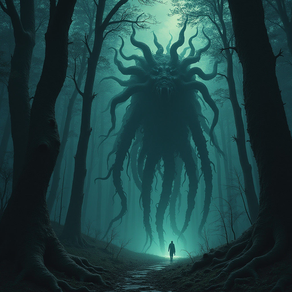 Eldritch Horror Forest at Night in Lovecraftian Style