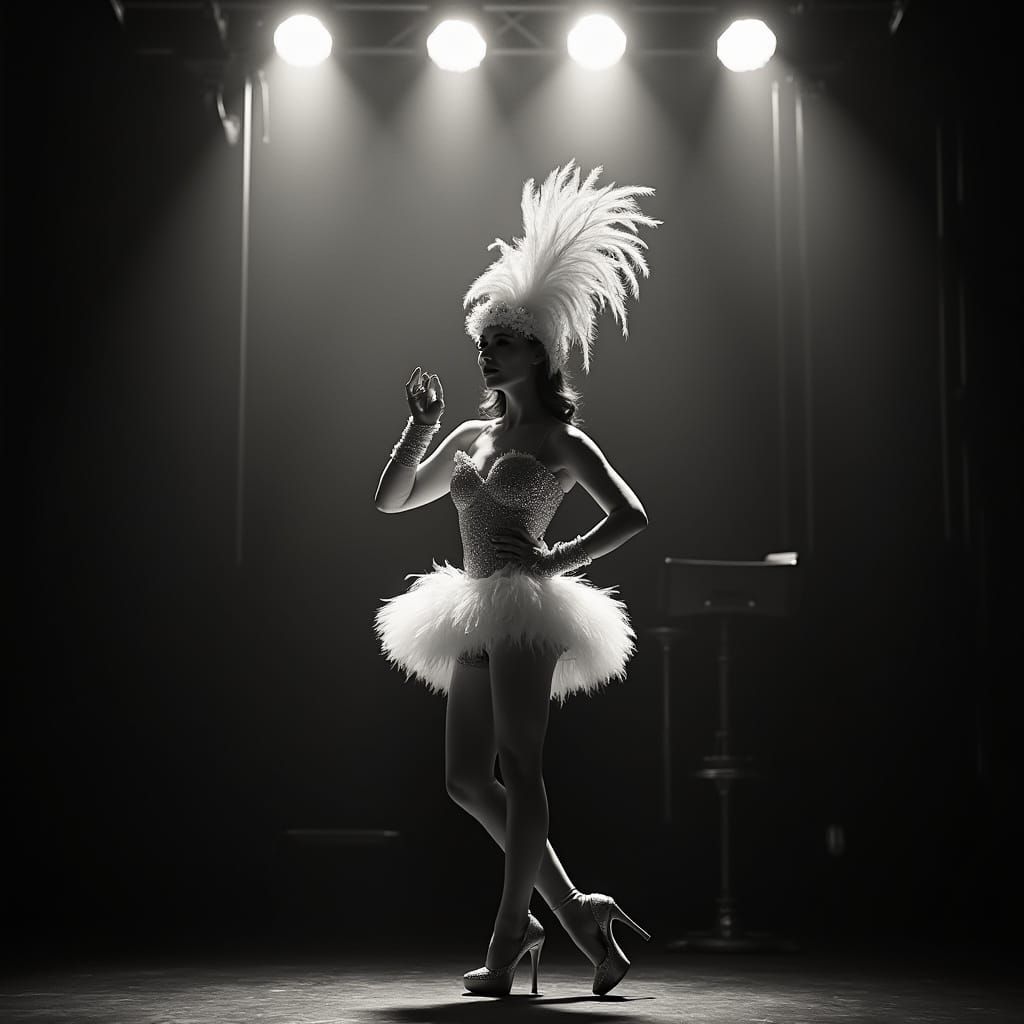 Glamorous Showgirl on Cabaret Stage in Film Noir Style