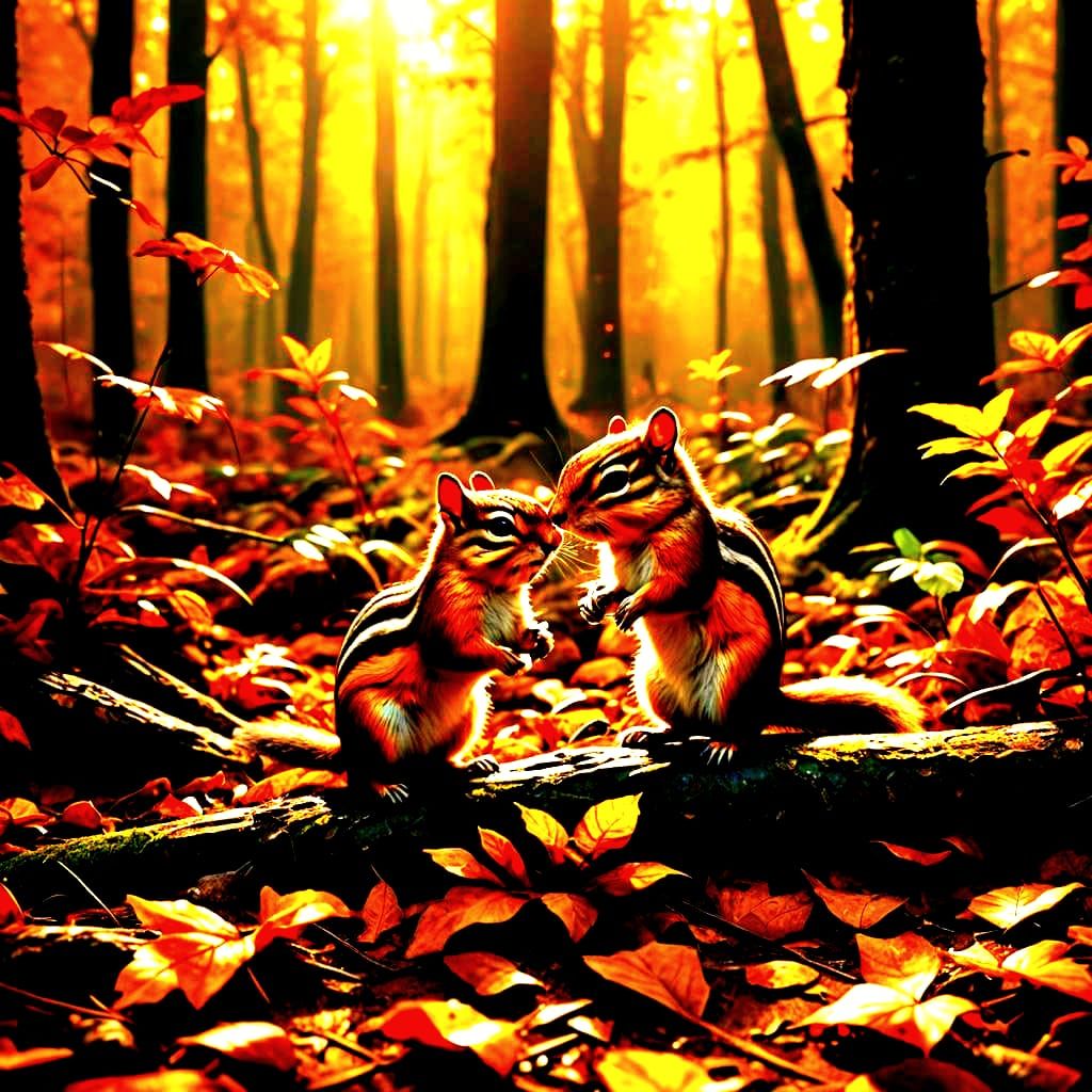 Happy Chipmunks Play in Autumn Forest Wonderland