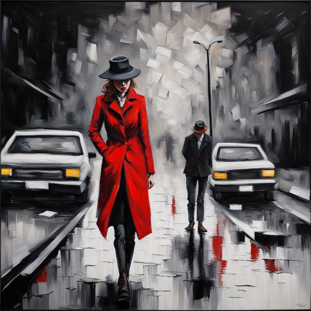 Female Detective Investigates Murder Scene as Oil Painting