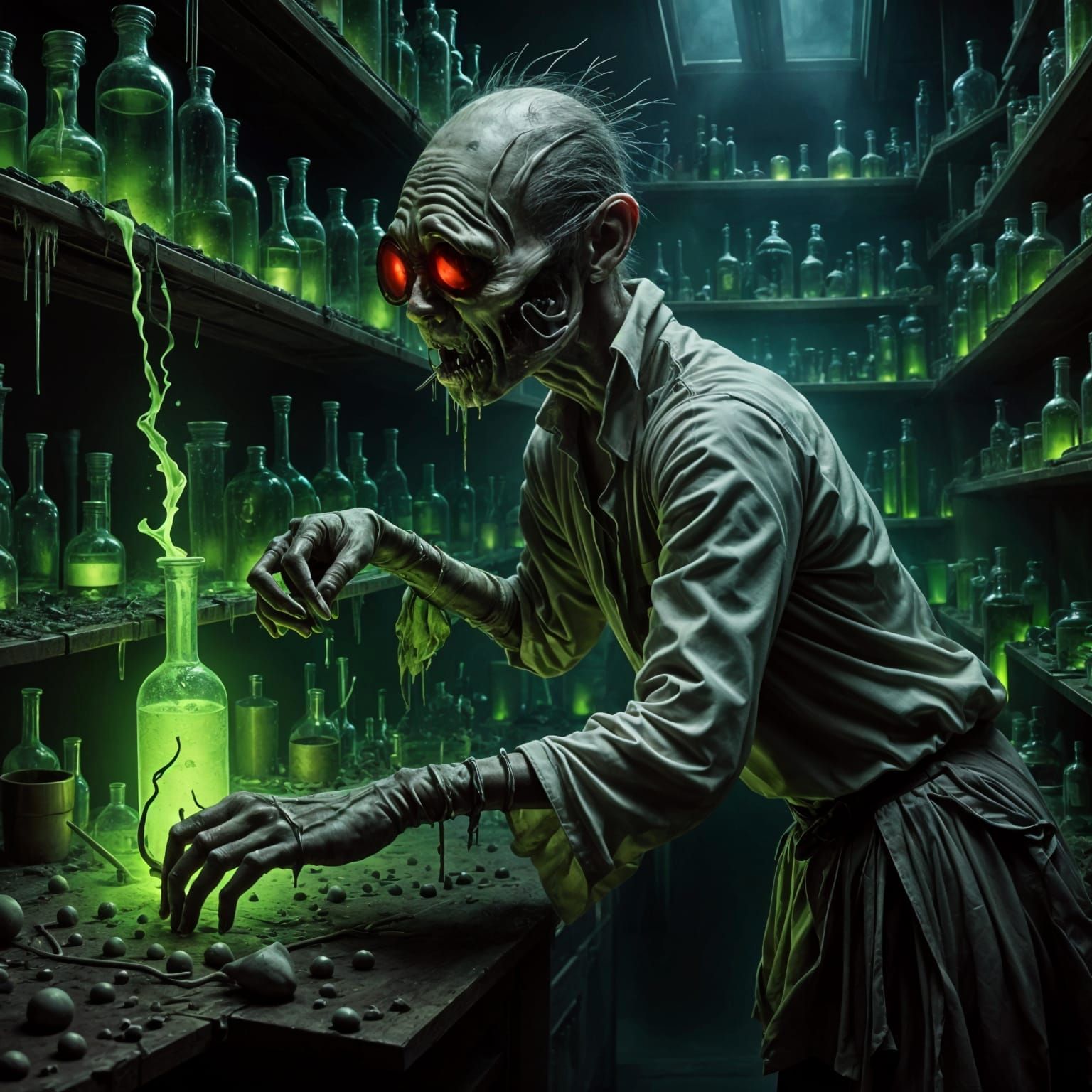 Zombie Assistant Cleans Mad Scientist's Lab in Dark Detailed...