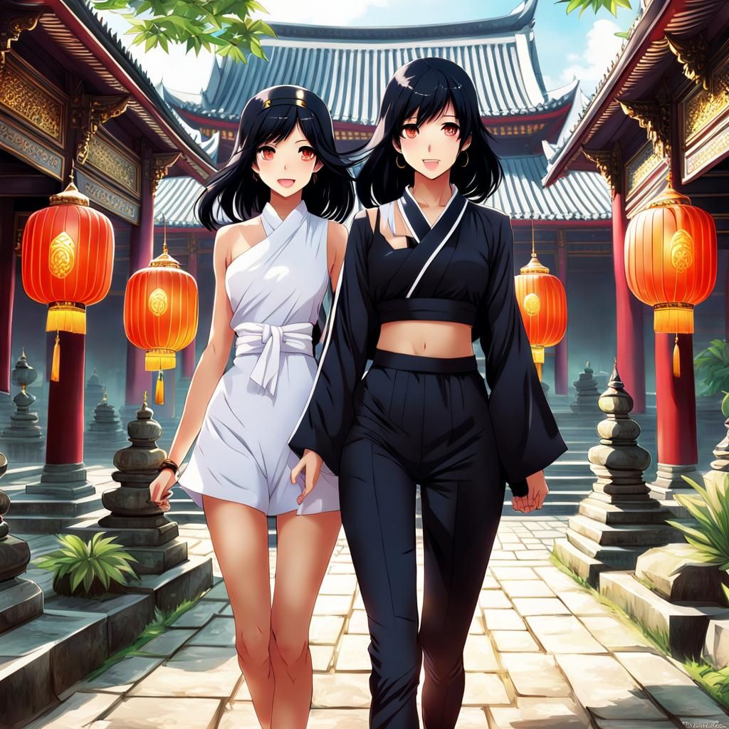 Two Women Walking in Thailand Temple, Anime Style