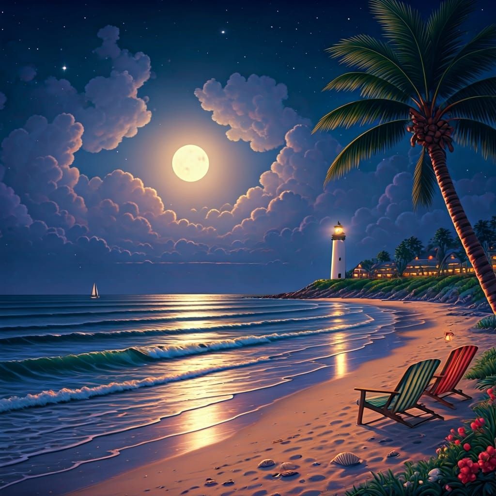 Moonlit Beach Bonfire Digital Painting