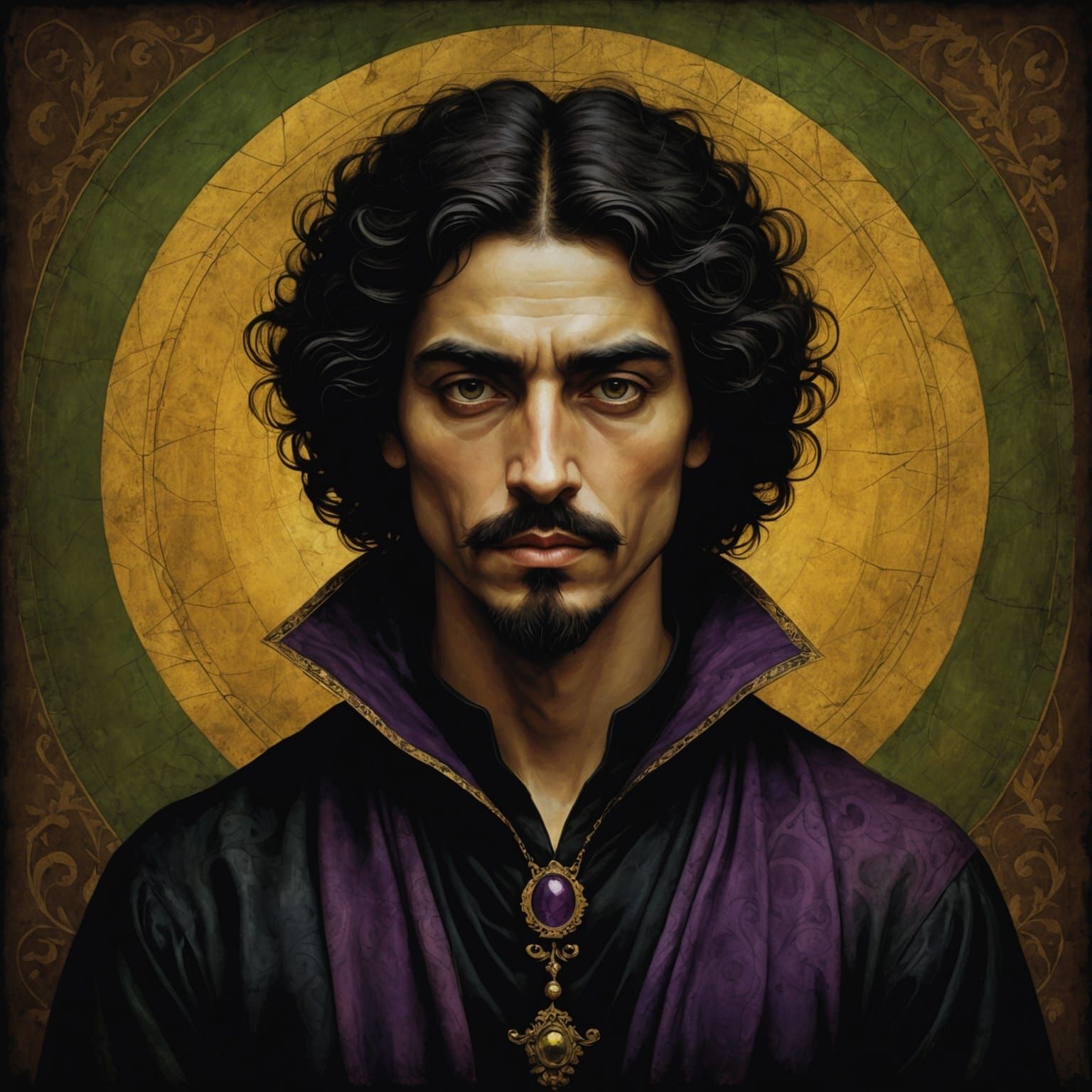 Attractive Man in Black, Gold, and Purple