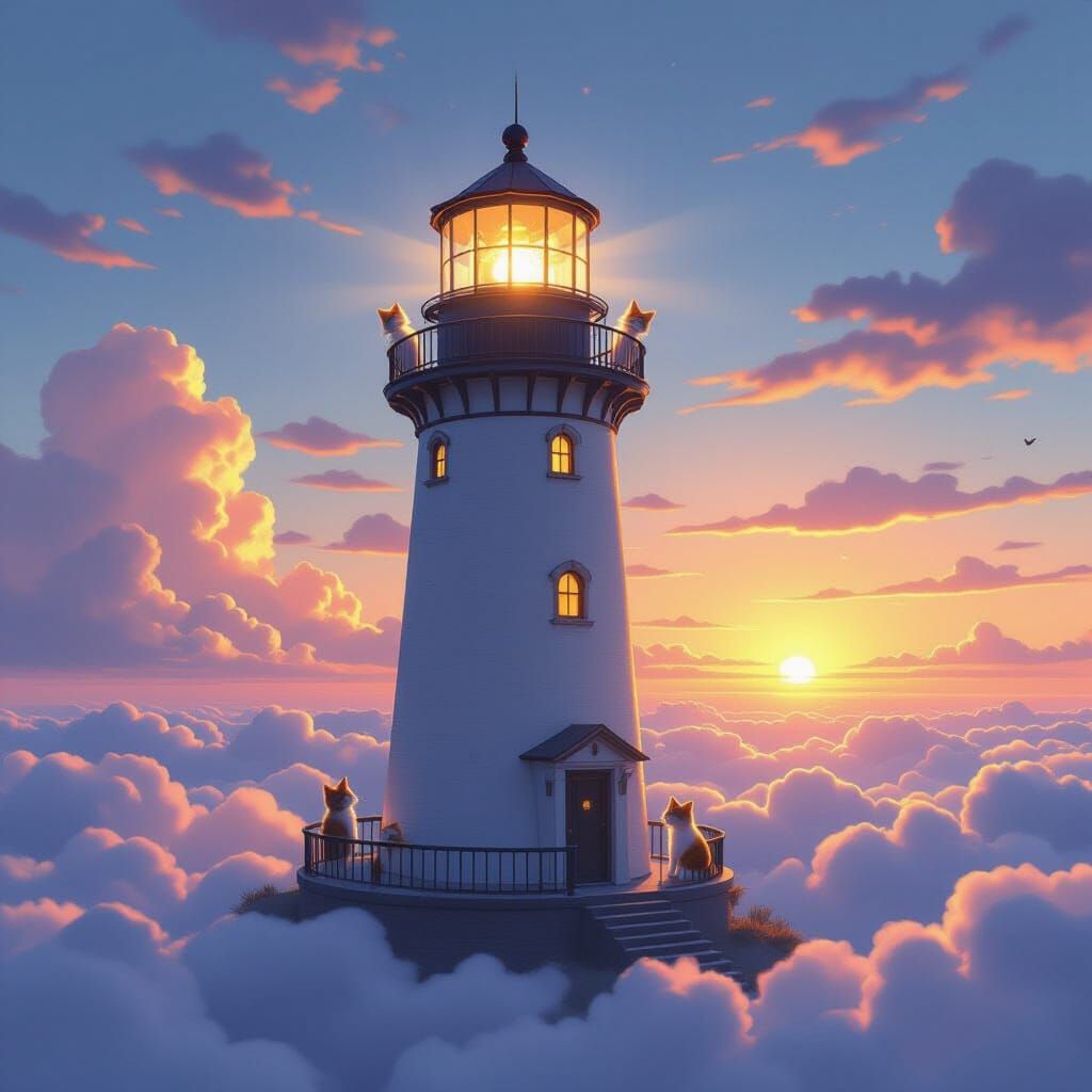 Giant Kitten Lighthouse Above the Clouds
