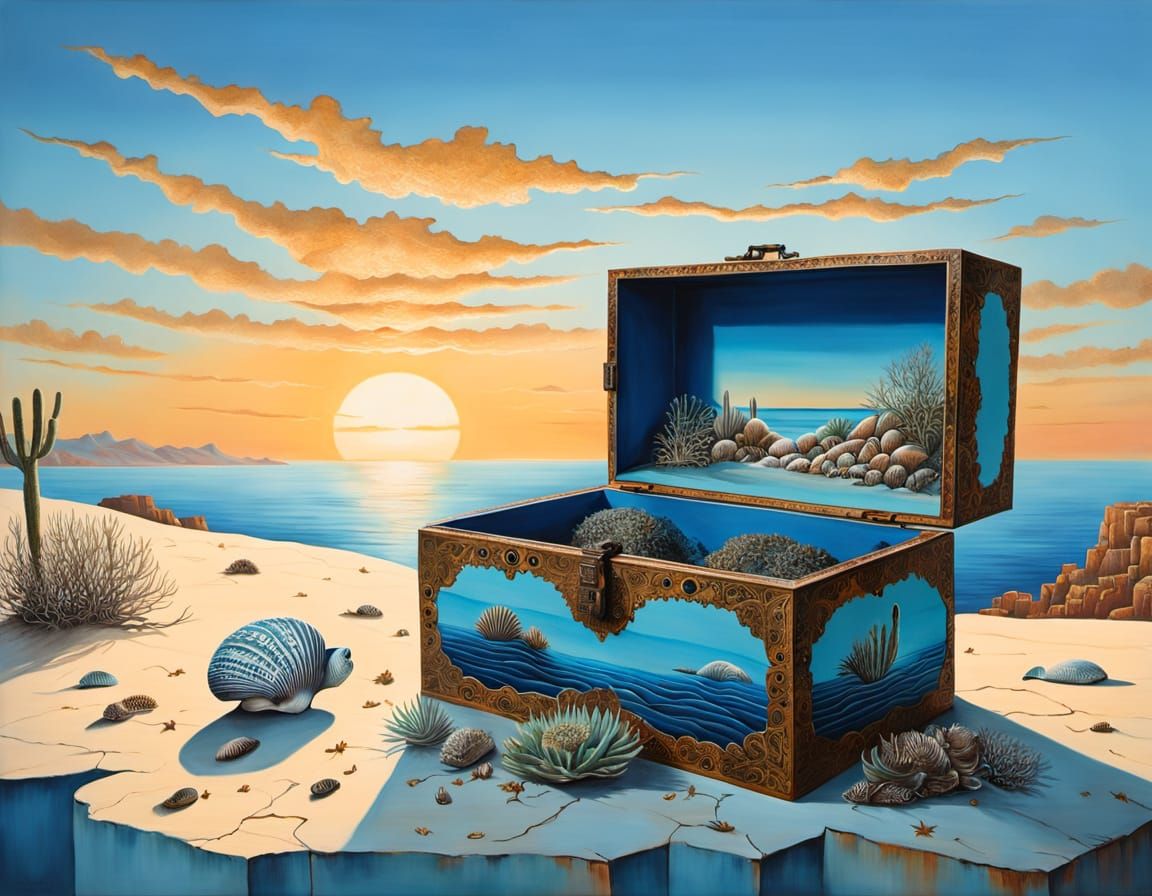 Surreal Sea Chest Decoupage in Desert Landscape