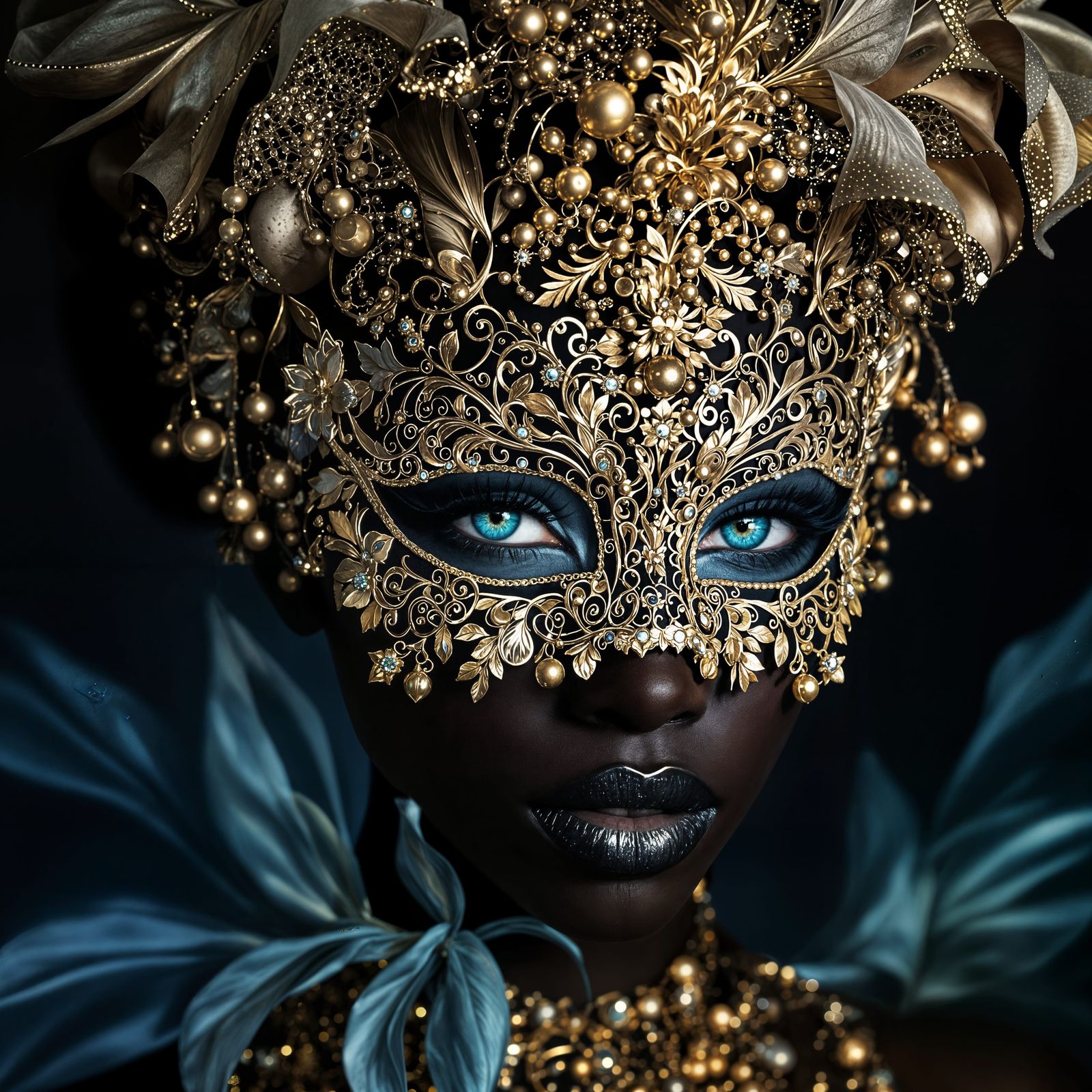 Hyperrealistic Portrait of a Black Woman in Golden Floral Ma...