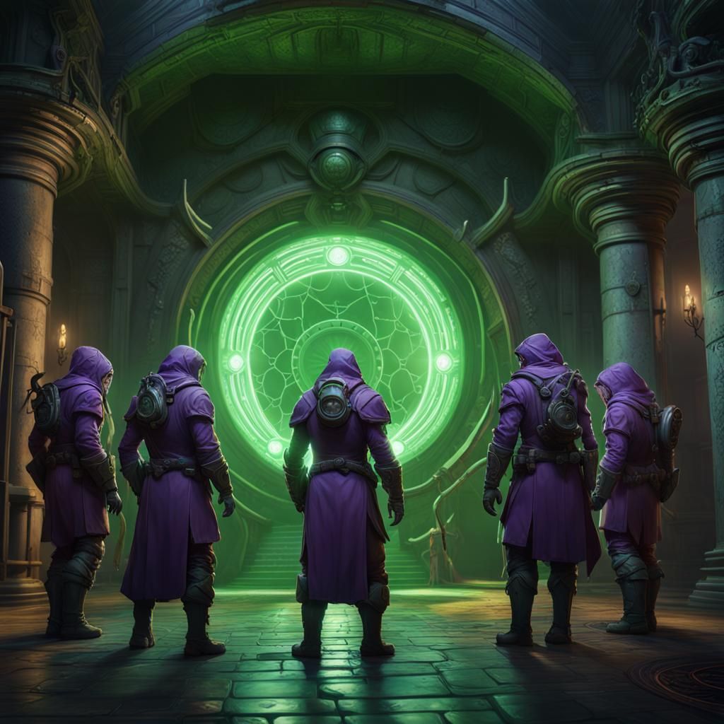 Heroes Face a Green Energy Portal: Dark Fantasy Art