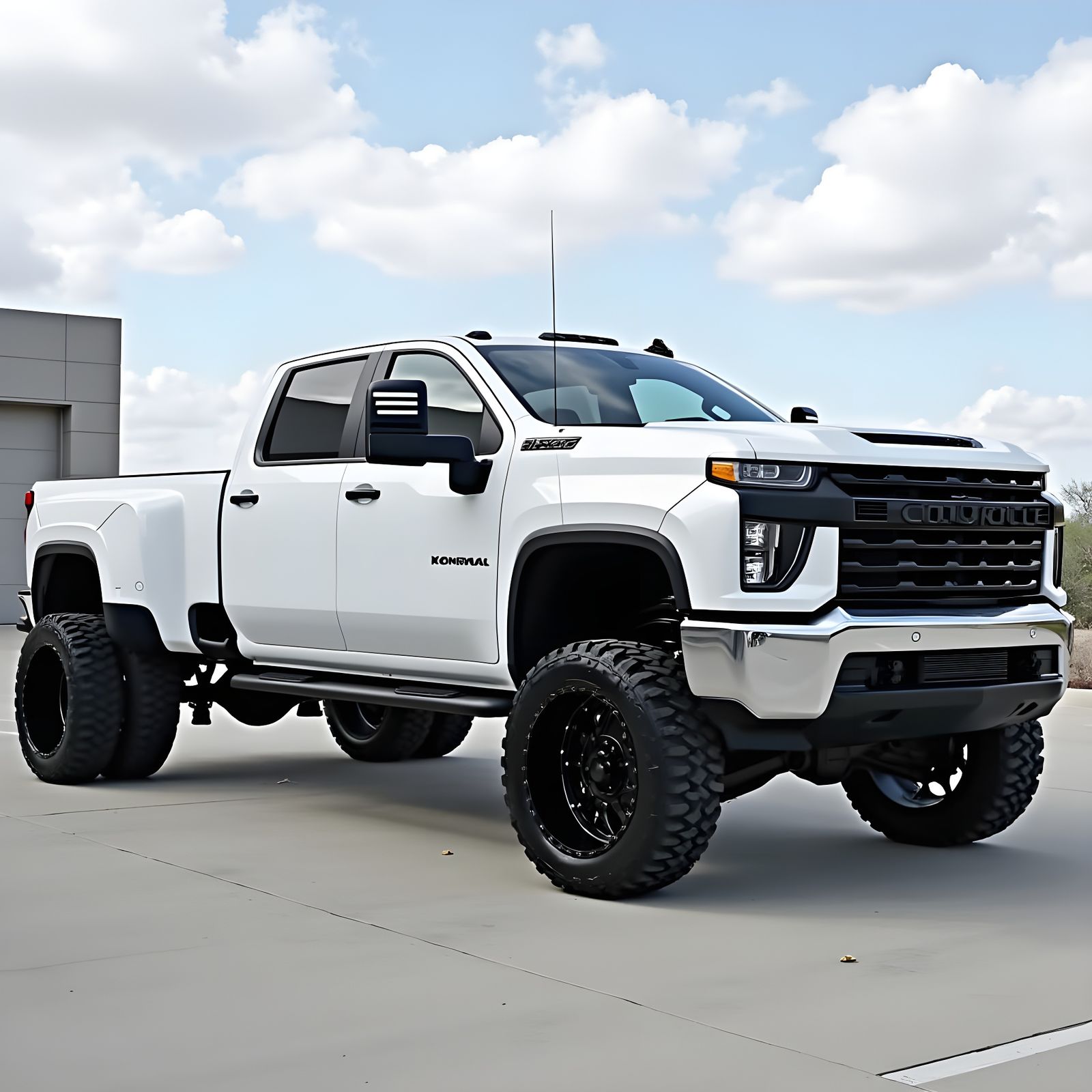 White 2025 Chevy Silverado HD Dually with Black Accents