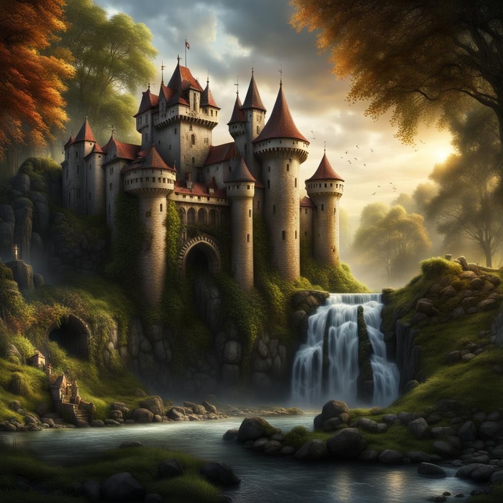 Medieval Castle by Waterfall: Digital Matte Painting