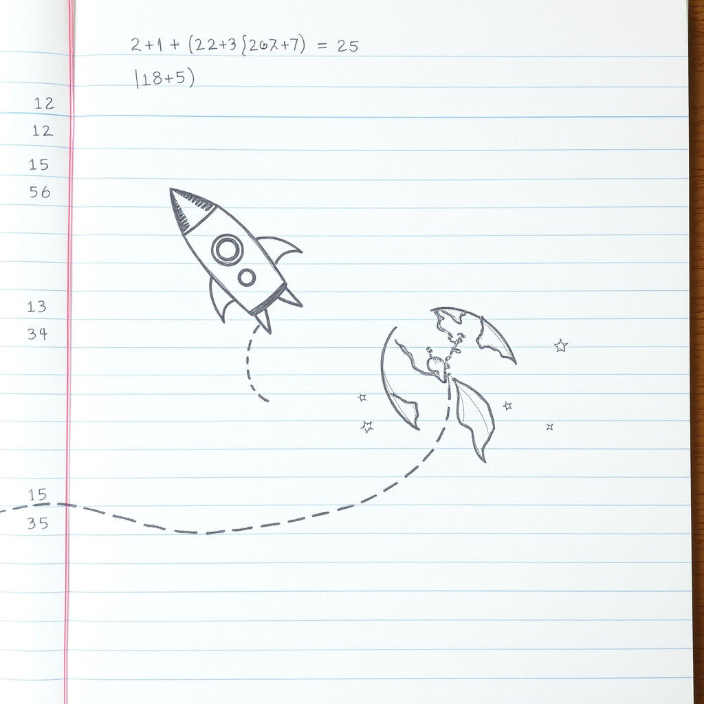 Whimsical Rocket Pencil Sketch on Notebook Page