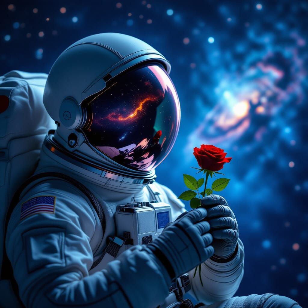 Astronaut Adrift Reflecting Nebula, Holding Red Rose