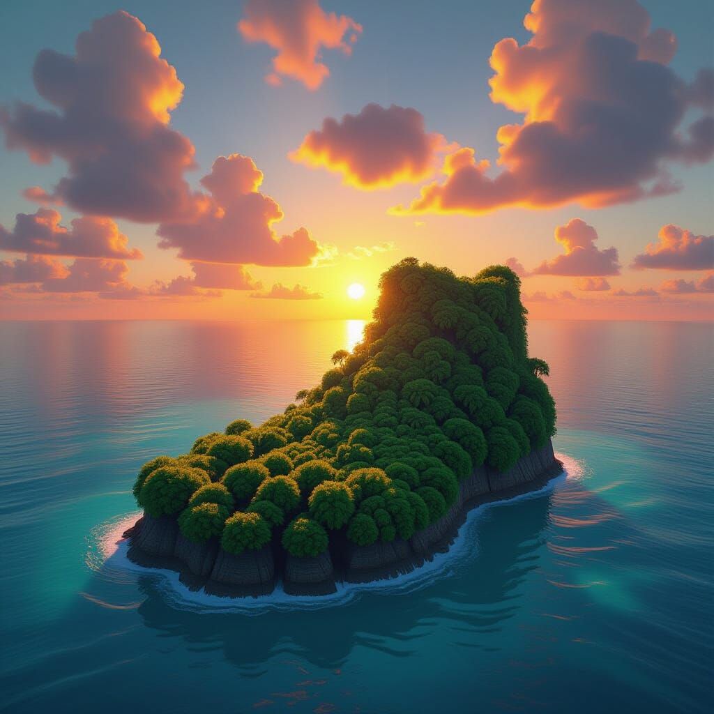Foot-Shaped Island at Sunset: Hyper-Realistic Aerial View