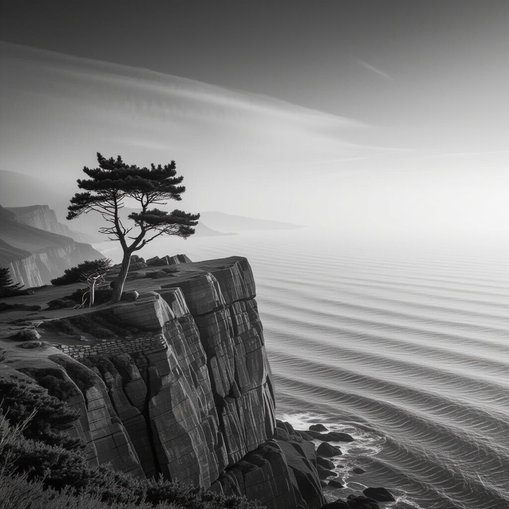 Desolate Cliffside with Lone Evergreen Tree