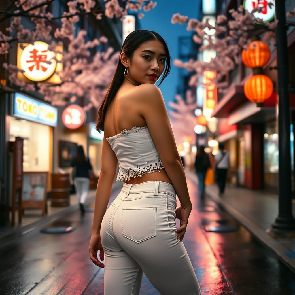 Woman in White Posing in Nighttime Tokyo Street