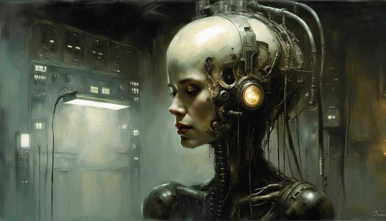 Biomechanical Lamp Figure with Glowing Control Panel