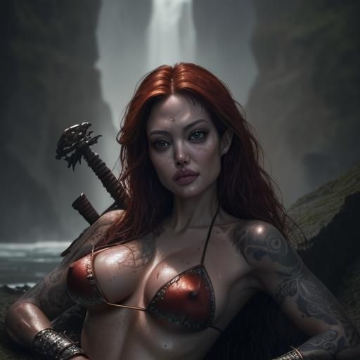 Angelina Jolie as Tattooed Red Sonja in 8K