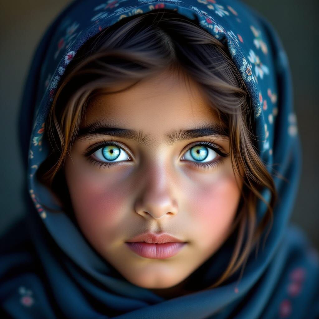 Striking Portrait of Afghan Girl with Blue Eyes