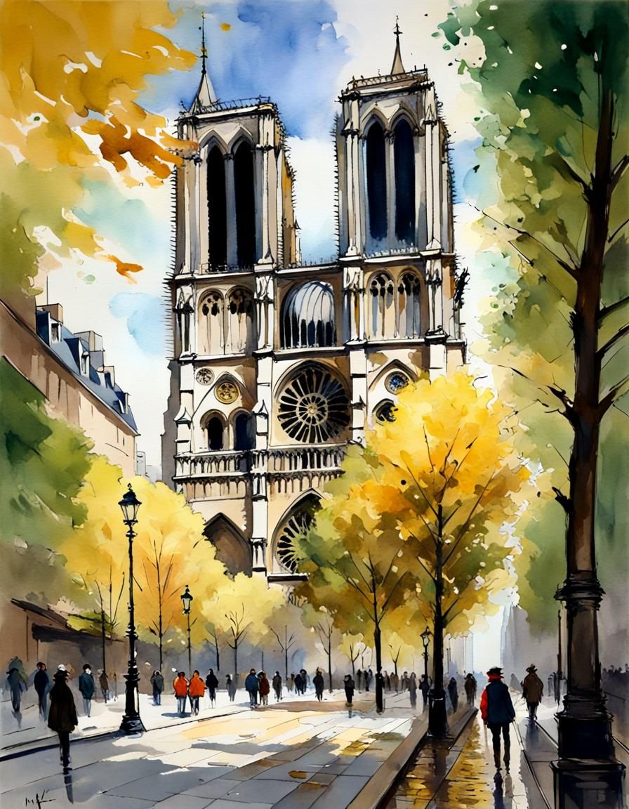 Notre Dame Cathedral in Vivid Watercolor