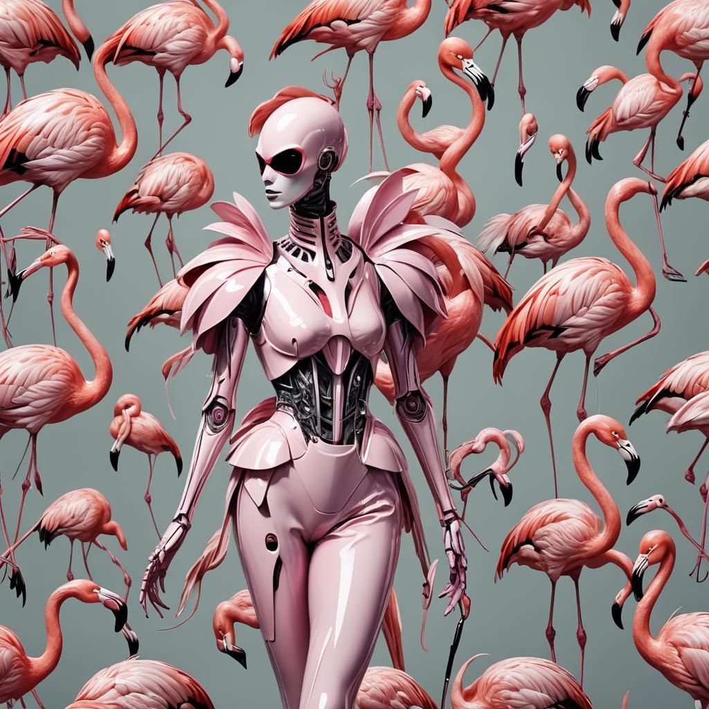 Anthropomorphic, Hybrid, Humanoid, glossy exoskeleton bird flamingo woman