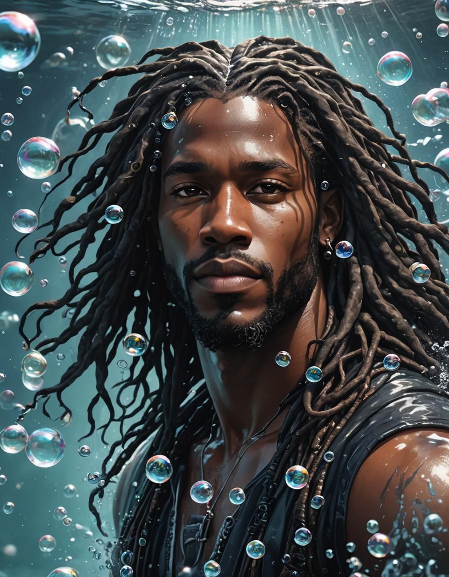 Black Man Underwater with Locs, Digital Art