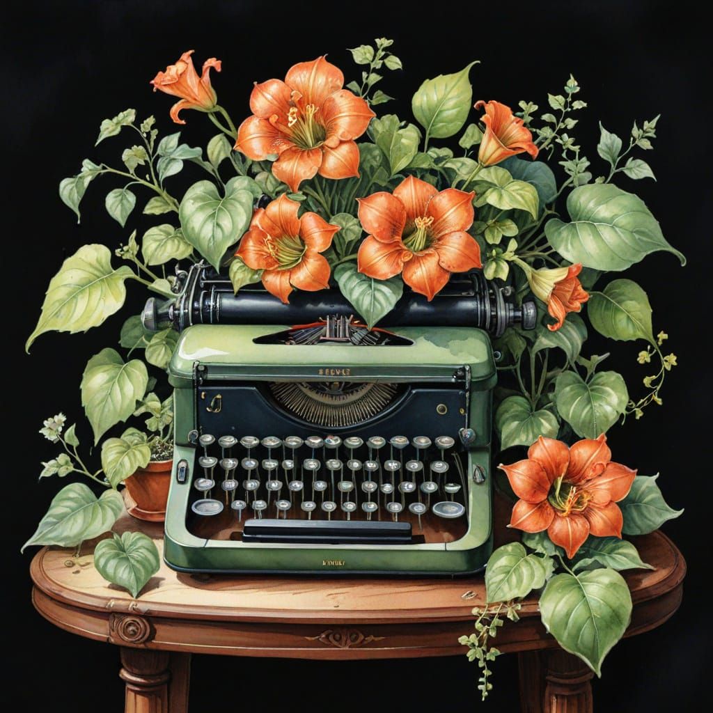 Vintage Typewriter with Gothic Victorian Watercolor Flowers