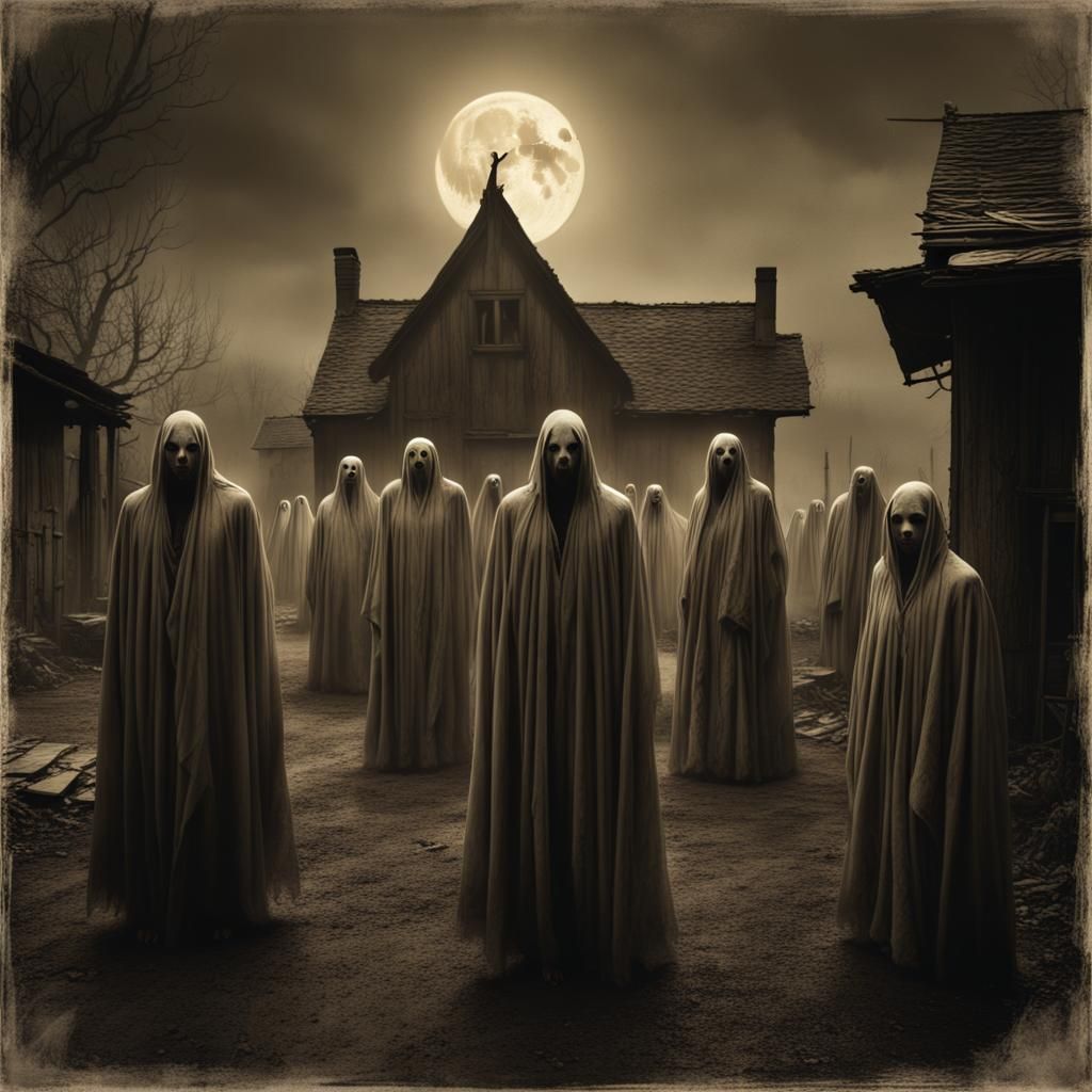 Ghosts in a Haunted Village at Night