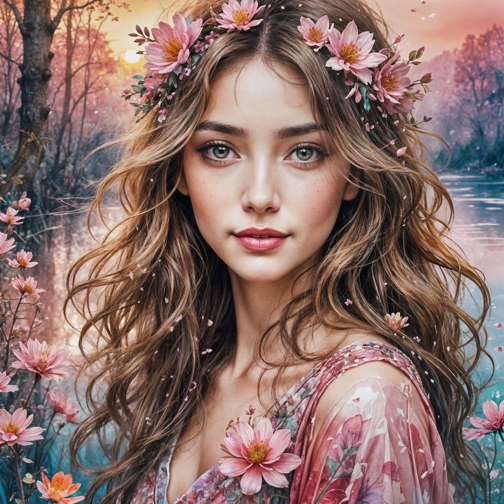 Smiling Woman Portrait in Ethereal Forest, Watercolor Art