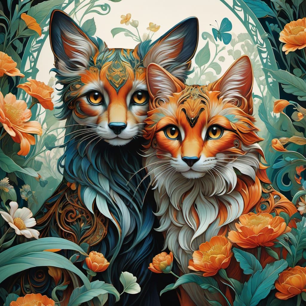Whimsical Animal Couple in Dreamy Landscape