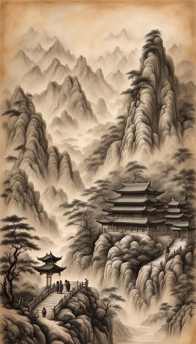Chinese Mountains Charcoal Drawing on Aged Parchment
